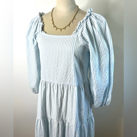 Madison Mathew’s Tuckernuck Maxi Dress White Blue Pin Stripes Coastal SZ S EUC - Picture 4 of 9